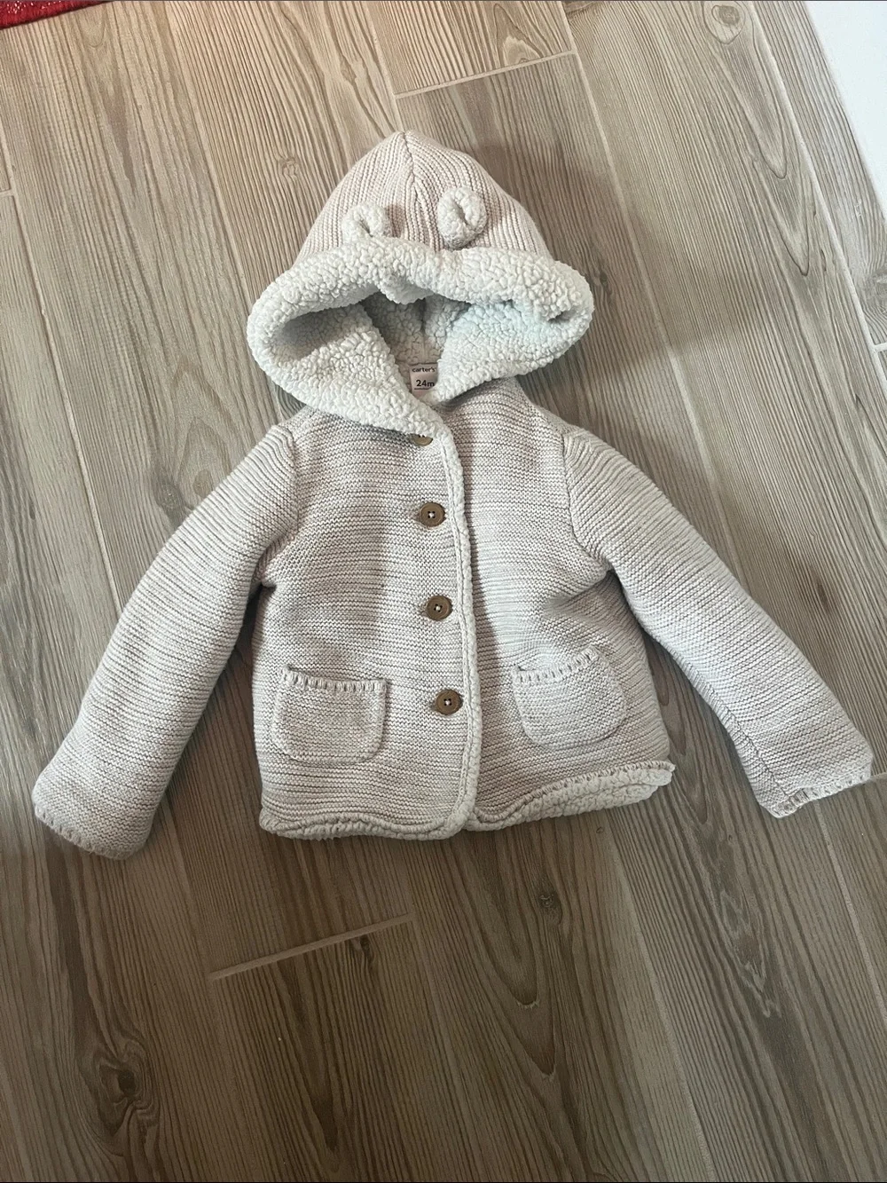 Carter’s Baby’s Sherpa- Lined Hooded Cardigan with Bear Ears (Sz 24m) Oatmeal
